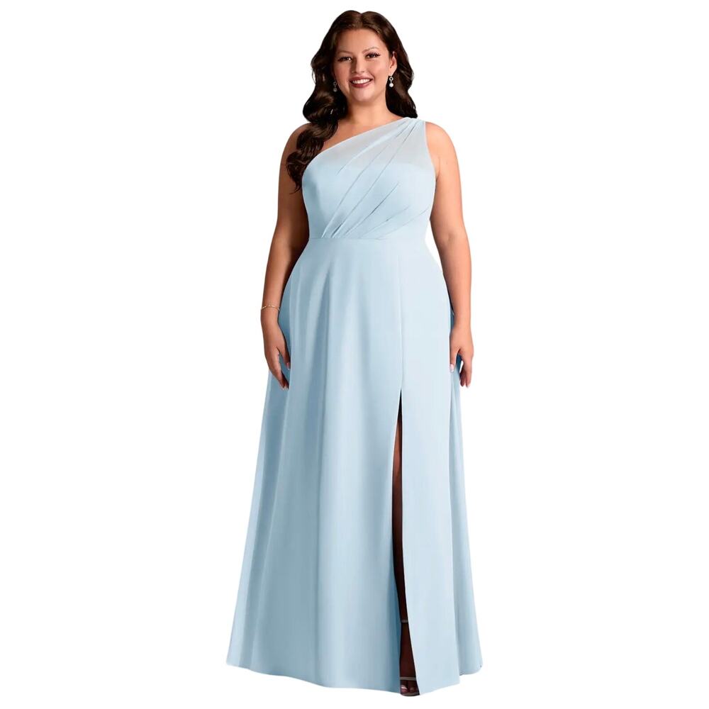 Azazie Phaedra One Shoulder Chiffon Bridesmaid Gown Dusty Blue Custom 16 18 NWT